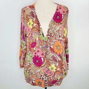 Talbots Cardigan 2X Pink Orange Green Paisley Floral Sweater Stretch 3/4 Sleeve